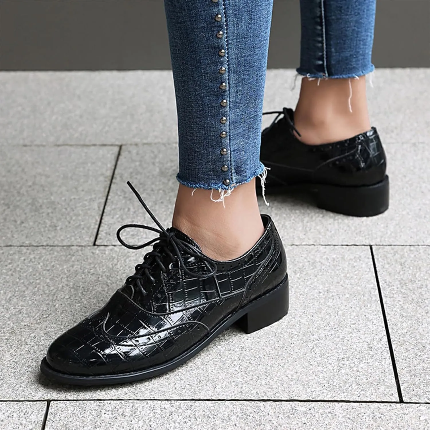 Women's Print Leather Low Heel Brogue Oxford Shoes Fashion Wingtip Comfort Non Slip Lace Up Block Heel Dress Shoes for Business Evening Dating