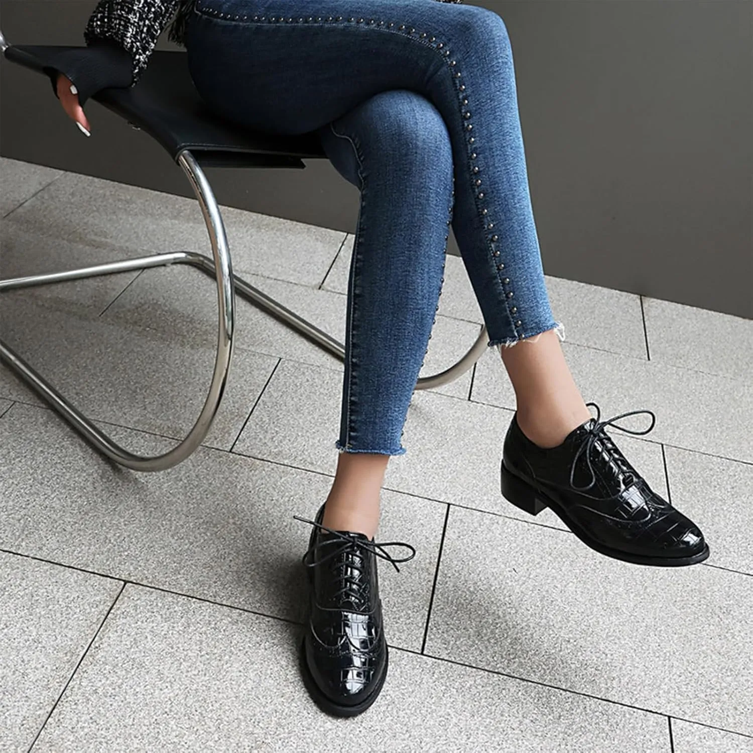 Women's Print Leather Low Heel Brogue Oxford Shoes Fashion Wingtip Comfort Non Slip Lace Up Block Heel Dress Shoes for Business Evening Dating