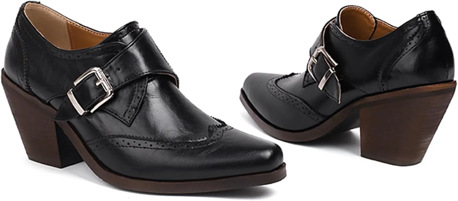 Women's PU Leather Chunky Heel Wingtip Oxford Shoes Vintage Buckle Block Heel Brogue Dress Pumps Office Work Shoes