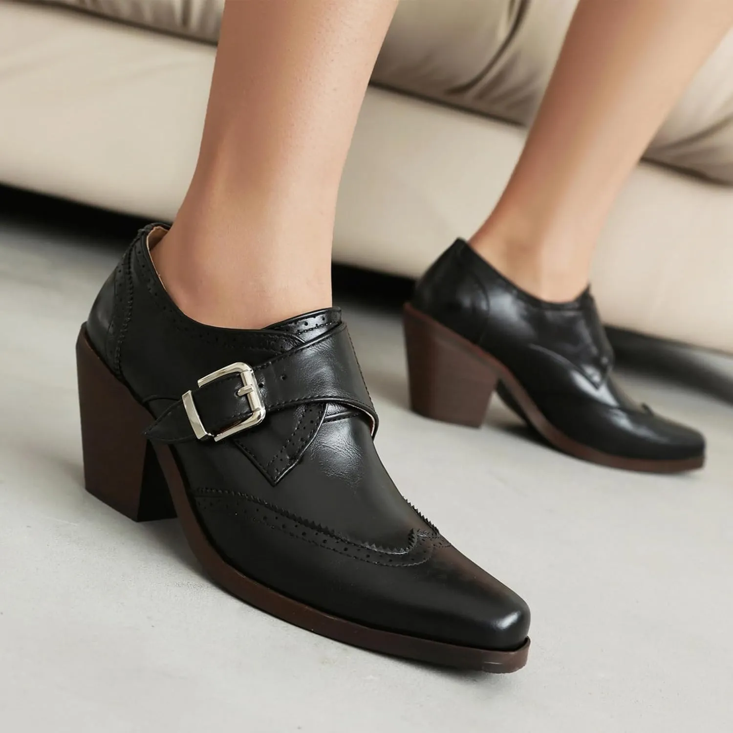 Women's PU Leather Chunky Heel Wingtip Oxford Shoes Vintage Buckle Block Heel Brogue Dress Pumps Office Work Shoes