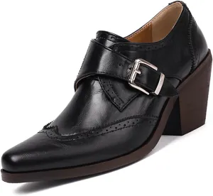 Women's PU Leather Chunky Heel Wingtip Oxford Shoes Vintage Buckle Block Heel Brogue Dress Pumps Office Work Shoes