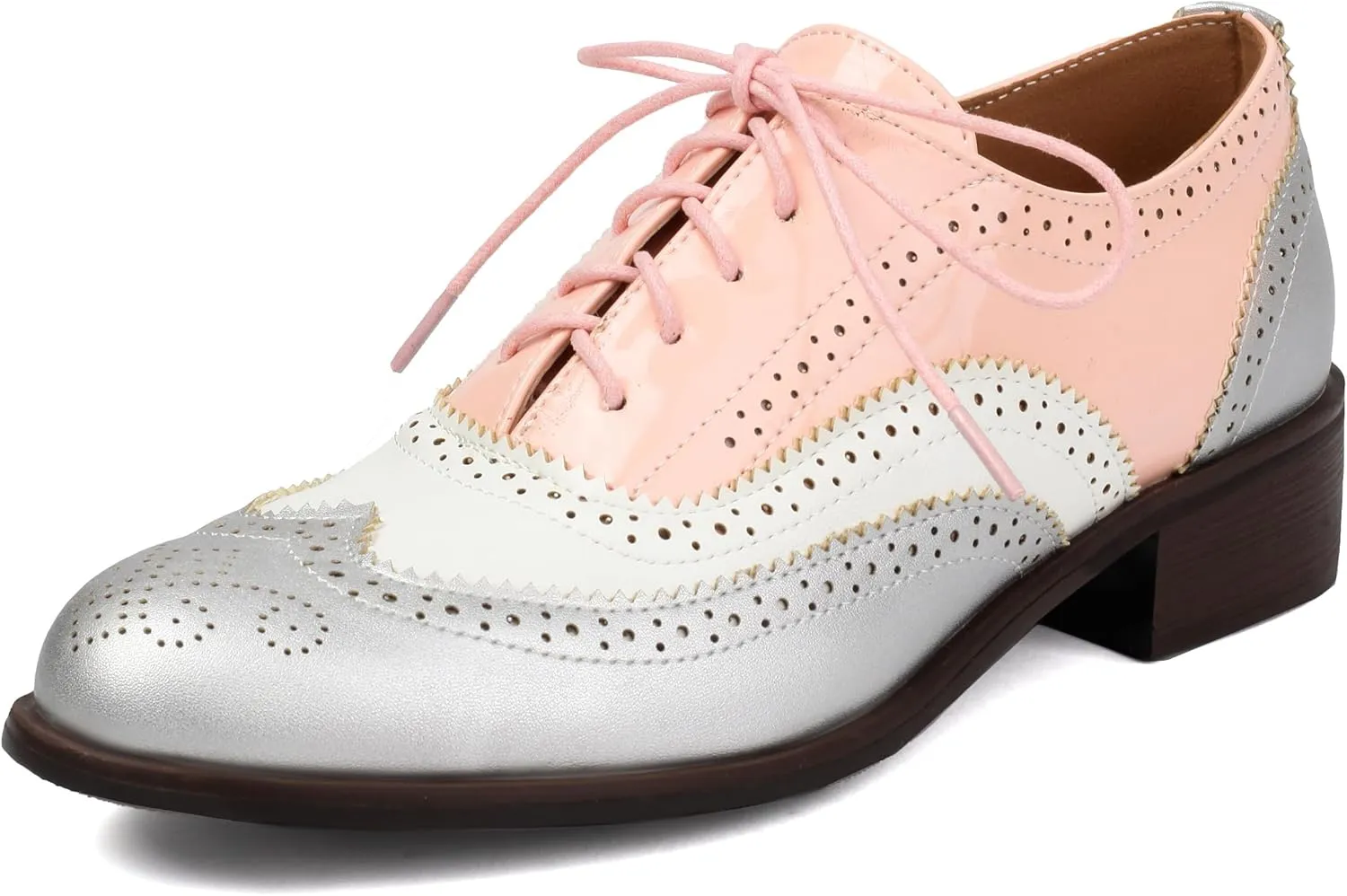 Women's Round Toe Low Chunky Heel Oxford Vintage Flat Pumps Comfortable Lace Up Business Wingtip Brogue Office Dress Shoes