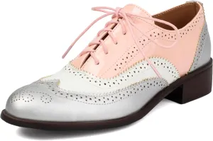 Women's Round Toe Low Chunky Heel Oxford Vintage Flat Pumps Comfortable Lace Up Business Wingtip Brogue Office Dress Shoes