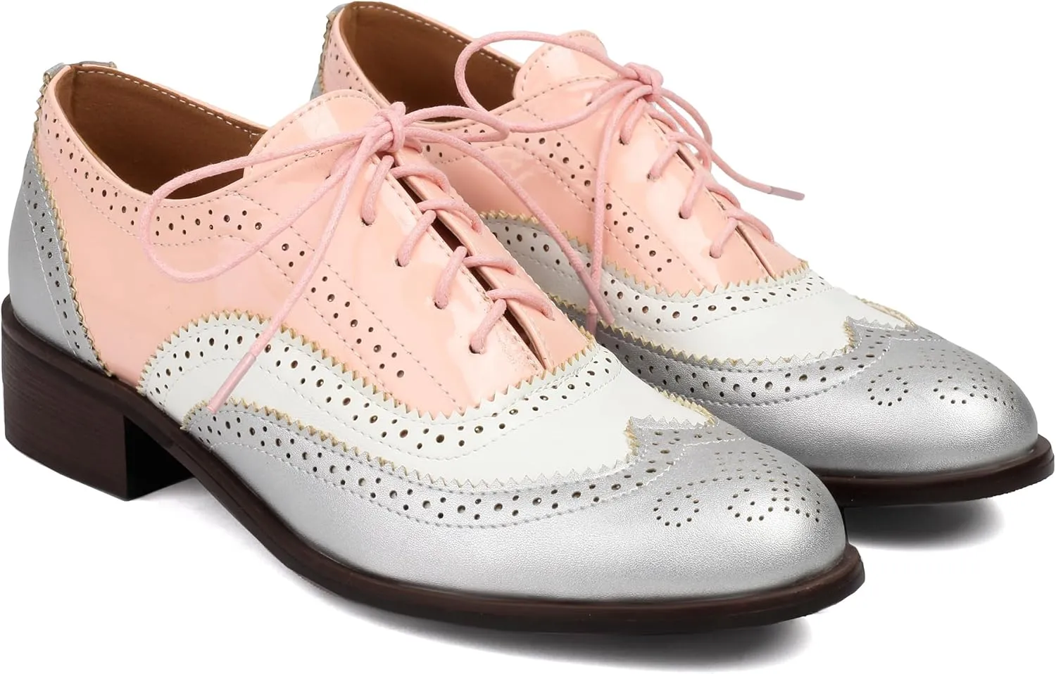 Women's Round Toe Low Chunky Heel Oxford Vintage Flat Pumps Comfortable Lace Up Business Wingtip Brogue Office Dress Shoes