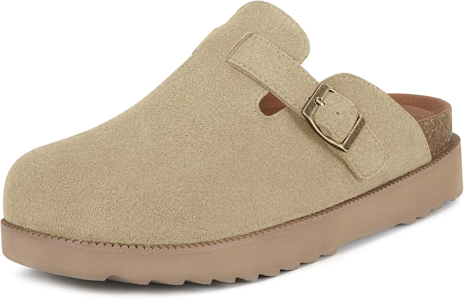Women's Suede Clogs Leather Mules Comfort Cork Footbed Platform Clogs Adjustable Buckle Slip On Sandals Potato Shoes with Arch Support