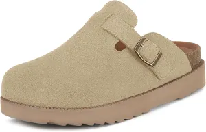 Women's Suede Clogs Leather Mules Comfort Cork Footbed Platform Clogs Adjustable Buckle Slip On Sandals Potato Shoes with Arch Support