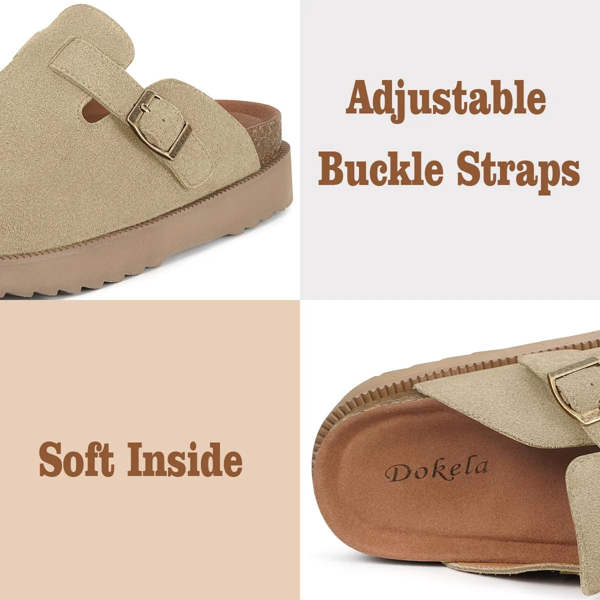 Women's Suede Clogs Leather Mules Comfort Cork Footbed Platform Clogs Adjustable Buckle Slip On Sandals Potato Shoes with Arch Support
