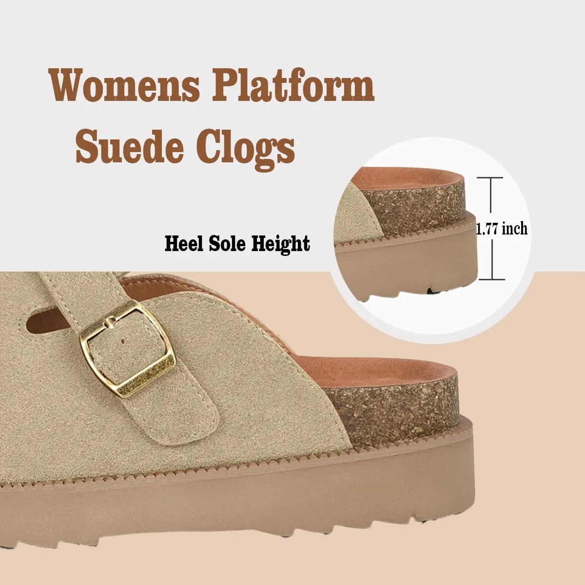 Women's Suede Clogs Leather Mules Comfort Cork Footbed Platform Clogs Adjustable Buckle Slip On Sandals Potato Shoes with Arch Support