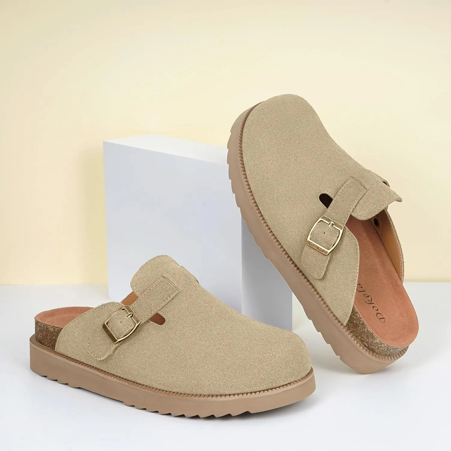 Women's Suede Clogs Leather Mules Comfort Cork Footbed Platform Clogs Adjustable Buckle Slip On Sandals Potato Shoes with Arch Support
