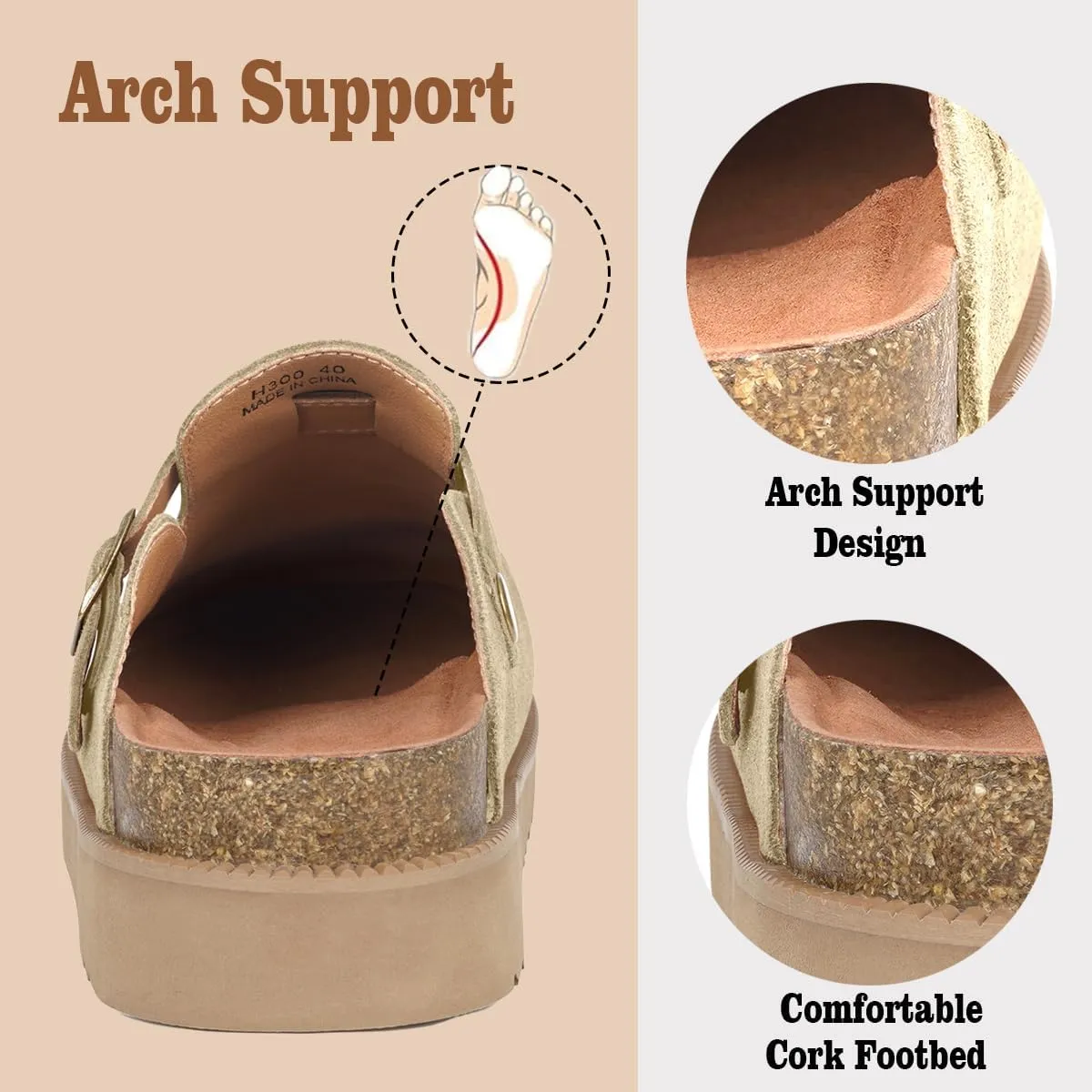 Women's Suede Clogs Leather Mules Comfort Cork Footbed Platform Clogs Adjustable Buckle Slip On Sandals Potato Shoes with Arch Support