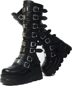 Womens Wedge Platform Knee High Boots Round Toe Zip Combat Goth Punk Motorcycle Booties Zip up With Metal Buckles