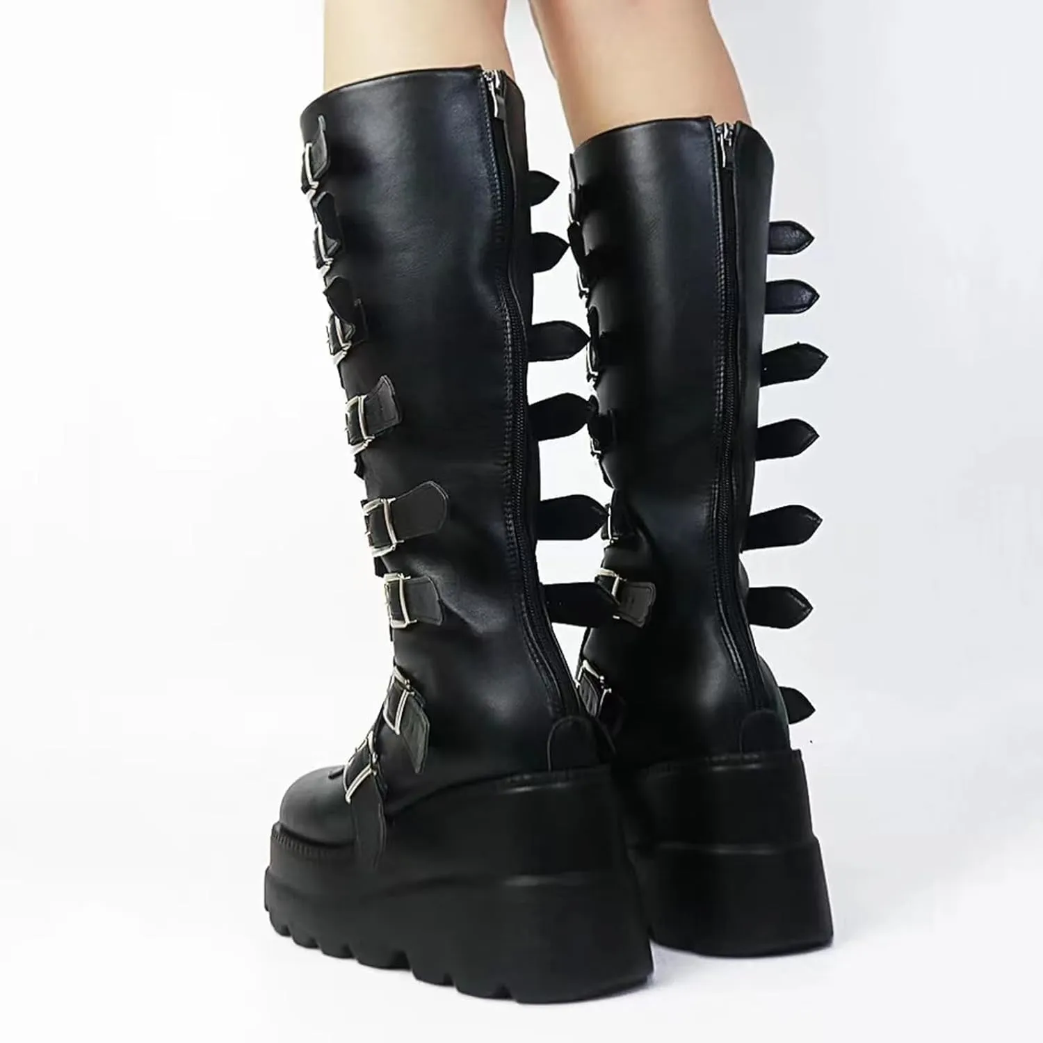 Womens Wedge Platform Knee High Boots Round Toe Zip Combat Goth Punk Motorcycle Booties Zip up With Metal Buckles