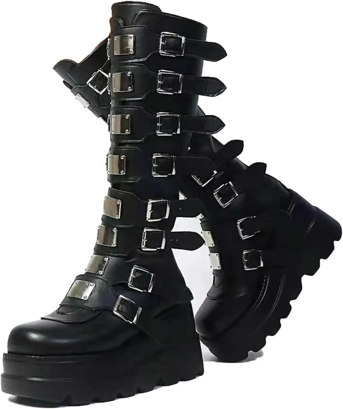 Womens Wedge Platform Knee High Boots Round Toe Zip Combat Goth Punk Motorcycle Booties Zip up With Metal Buckles