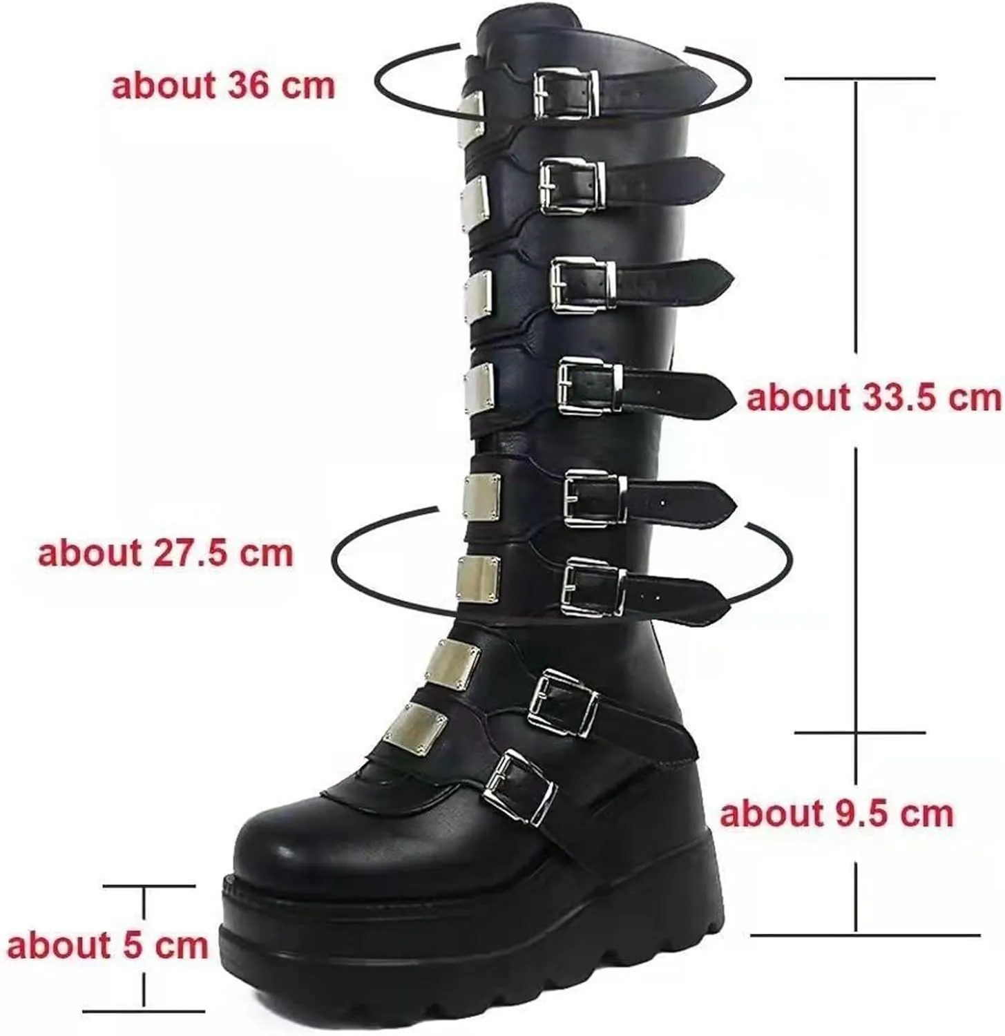 Womens Wedge Platform Knee High Boots Round Toe Zip Combat Goth Punk Motorcycle Booties Zip up With Metal Buckles