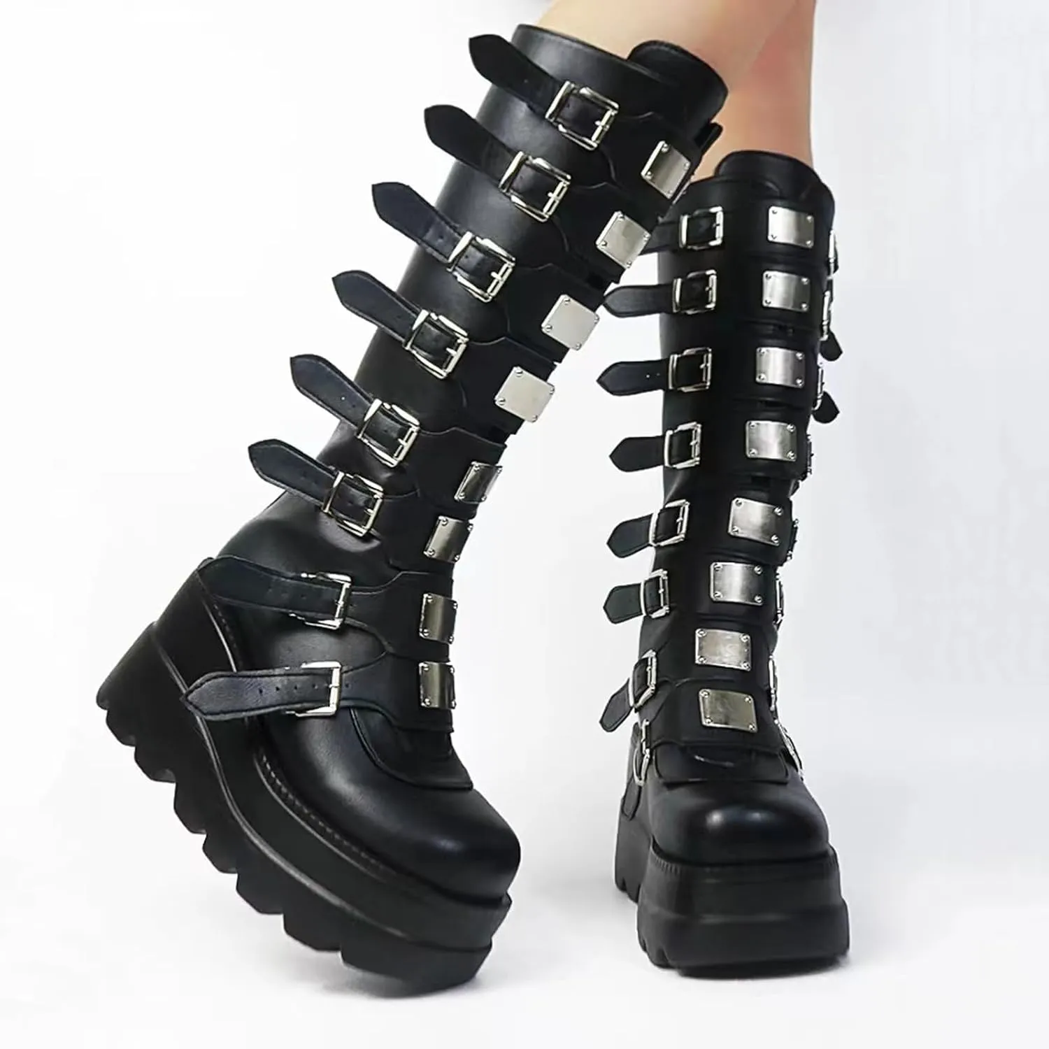 Womens Wedge Platform Knee High Boots Round Toe Zip Combat Goth Punk Motorcycle Booties Zip up With Metal Buckles