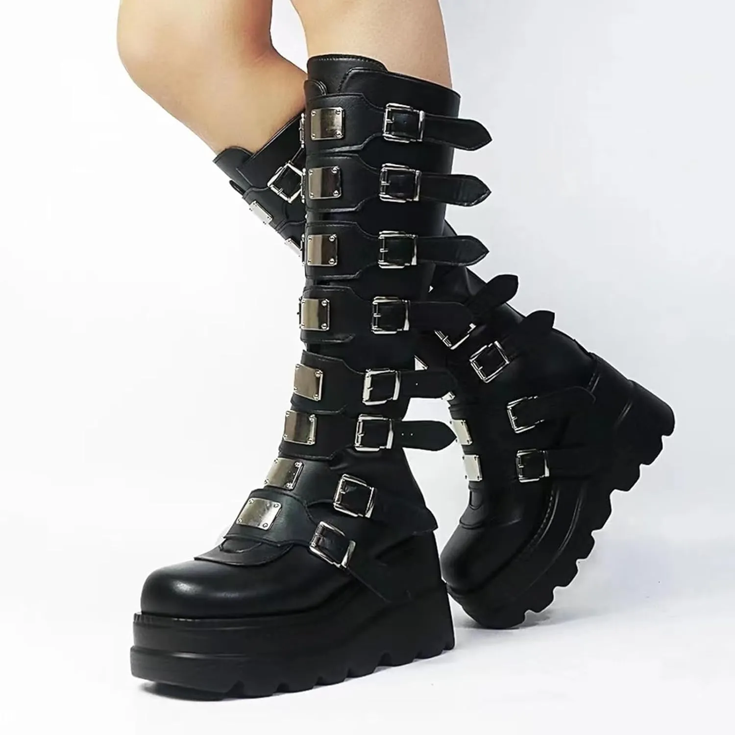 Womens Wedge Platform Knee High Boots Round Toe Zip Combat Goth Punk Motorcycle Booties Zip up With Metal Buckles