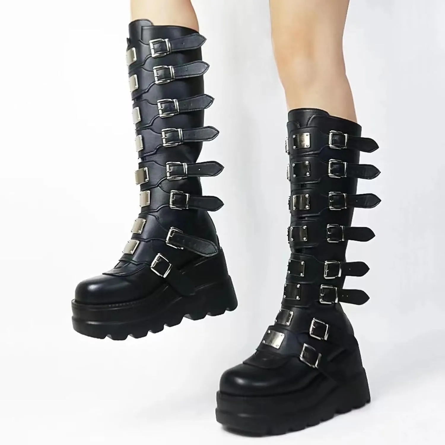 Womens Wedge Platform Knee High Boots Round Toe Zip Combat Goth Punk Motorcycle Booties Zip up With Metal Buckles
