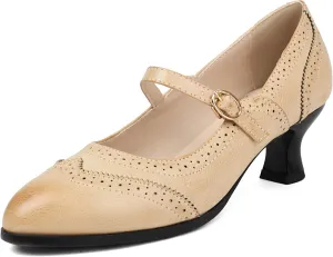 Women's Wingtip Mary Jane Low Kitten Heel Vintage Chunky Heels Ankle Strap Closed Round Toe Pumps Oxford Brogue Work Dress Shoes