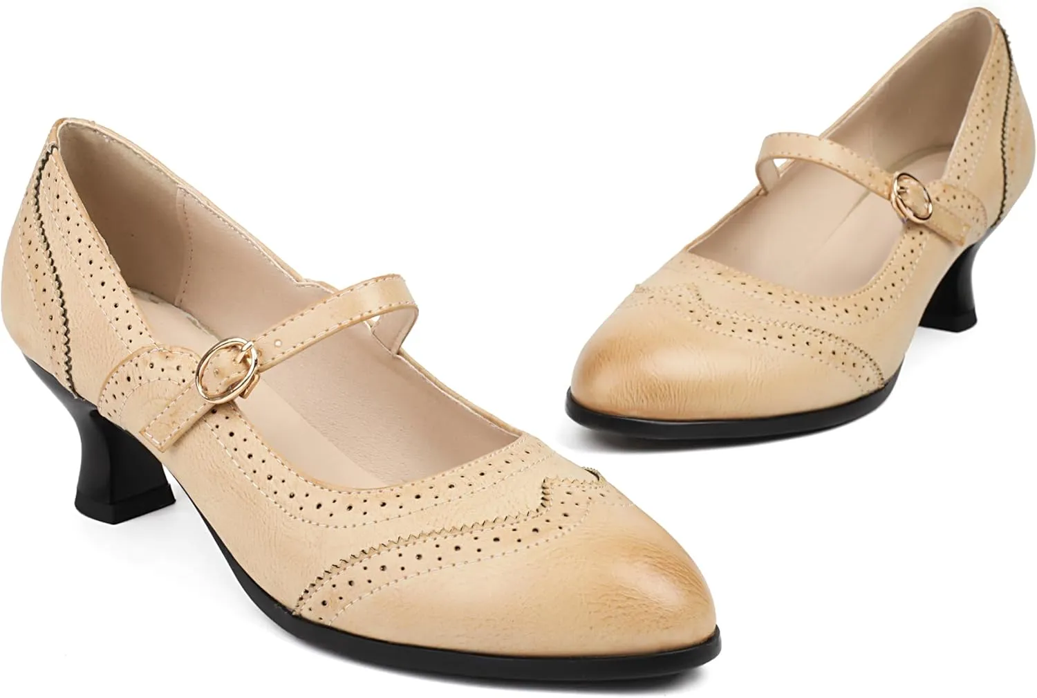 Women's Wingtip Mary Jane Low Kitten Heel Vintage Chunky Heels Ankle Strap Closed Round Toe Pumps Oxford Brogue Work Dress Shoes