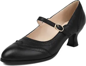Women's Wingtip Mary Jane Low Kitten Heel Vintage Chunky Heels Ankle Strap Closed Round Toe Pumps Oxford Brogue Work Dress Shoes