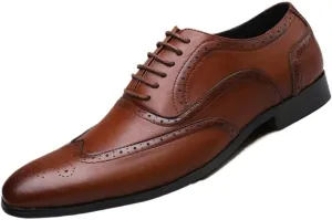 Working Dress Oxford Formal Shoes for Men Top-Grain Leather Lace Up Brogue Rubber Sole Slip Casual