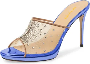 XYD Women High Heel Platform Peep Toe Mules Crystal Studded Mesh Slip On Casual Walking Dress Sandals