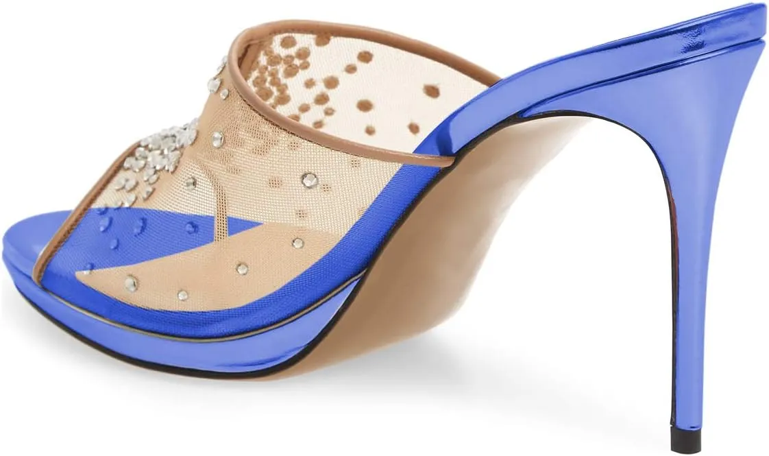 XYD Women High Heel Platform Peep Toe Mules Crystal Studded Mesh Slip On Casual Walking Dress Sandals