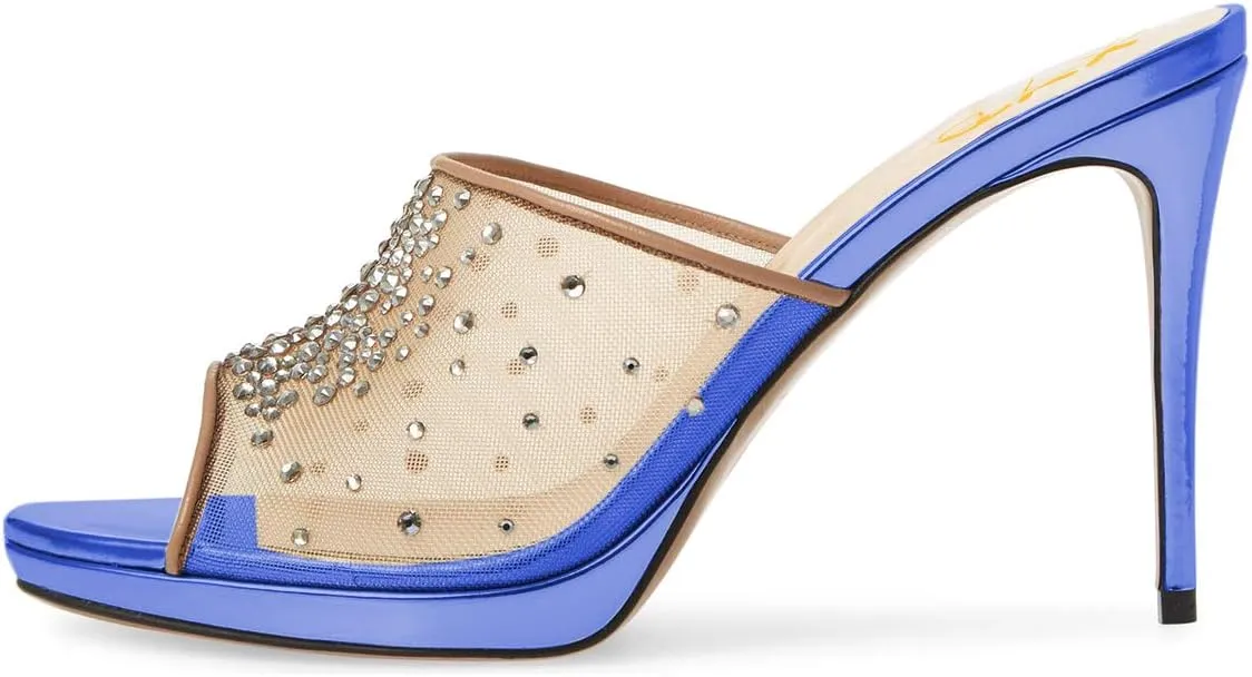 XYD Women High Heel Platform Peep Toe Mules Crystal Studded Mesh Slip On Casual Walking Dress Sandals