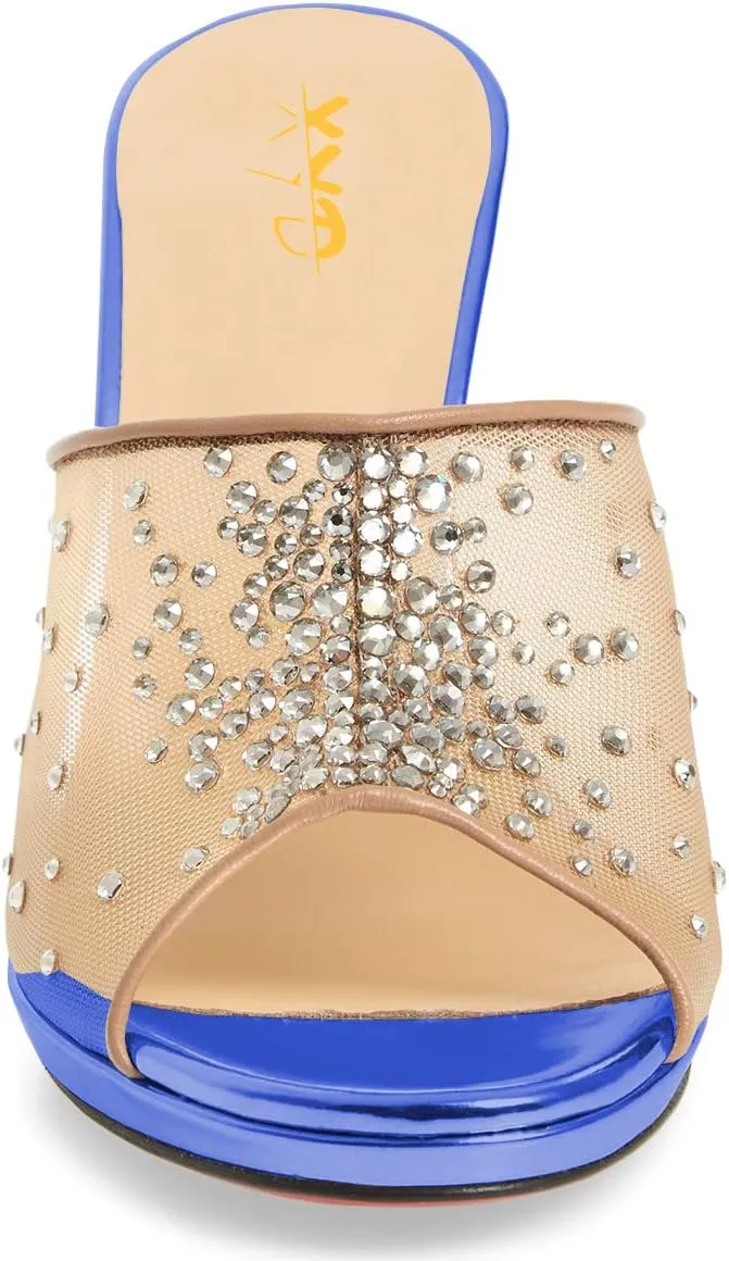 XYD Women High Heel Platform Peep Toe Mules Crystal Studded Mesh Slip On Casual Walking Dress Sandals