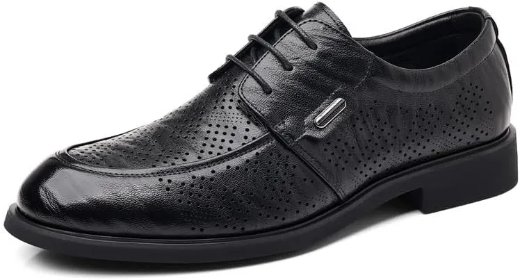 YZABEL Men's Leather Lace-Up Business Shoes, Summer Breathable Hollow Oxfords Dress Shoes, Rubber Non-Slip for Formal and Everyday Wear
