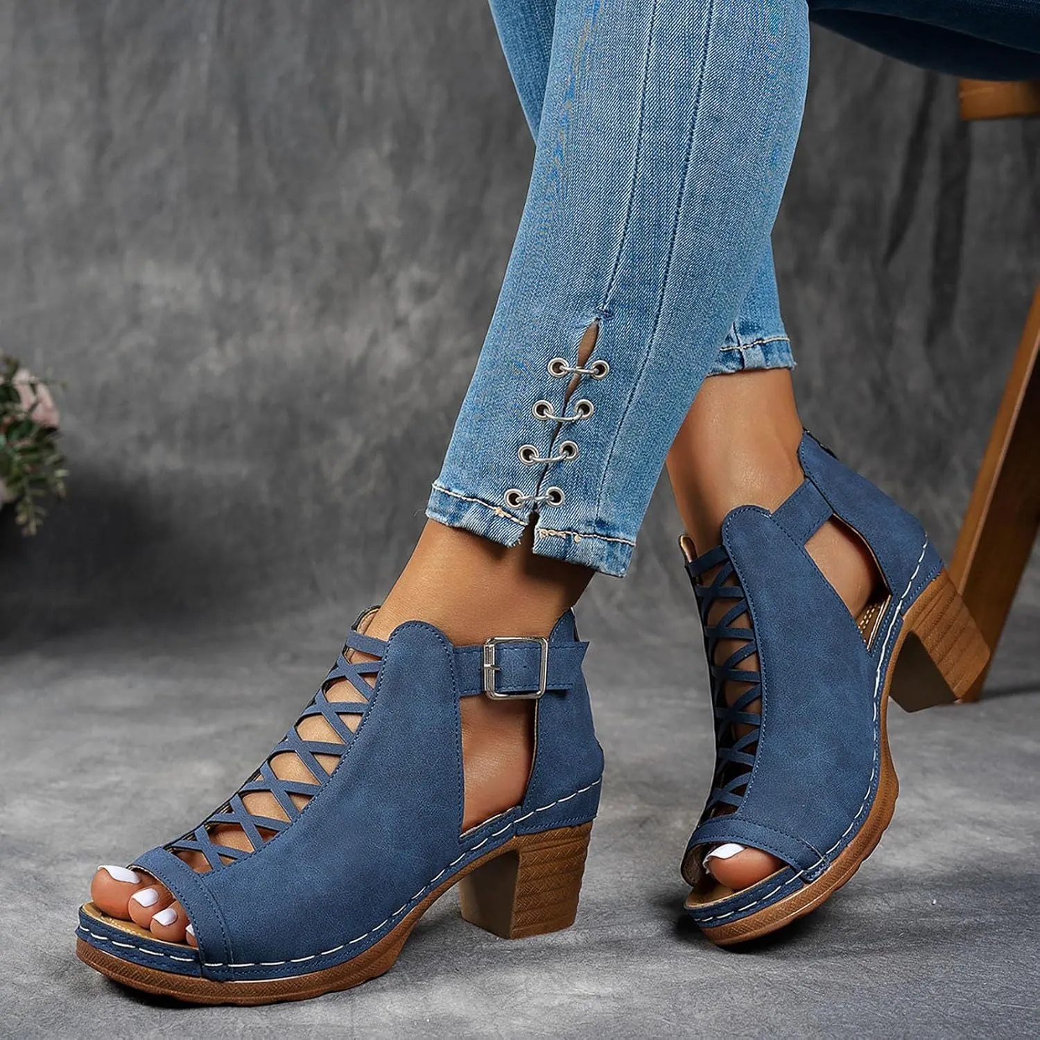 ZSpzx Block Heels Sandals for Women 2025 Peep Toe Lace Up Sandal Adjustable Strappy Chunky Heel Slingback Hollow Out Comfortable Cushion Footbed Recovery Orthopedic Casual Shoes for Outdoor Indoor