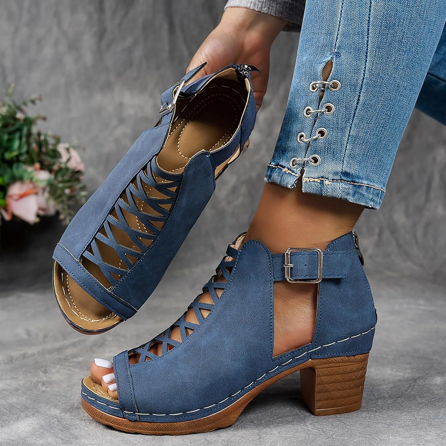 ZSpzx Block Heels Sandals for Women 2025 Peep Toe Lace Up Sandal Adjustable Strappy Chunky Heel Slingback Hollow Out Comfortable Cushion Footbed Recovery Orthopedic Casual Shoes for Outdoor Indoor