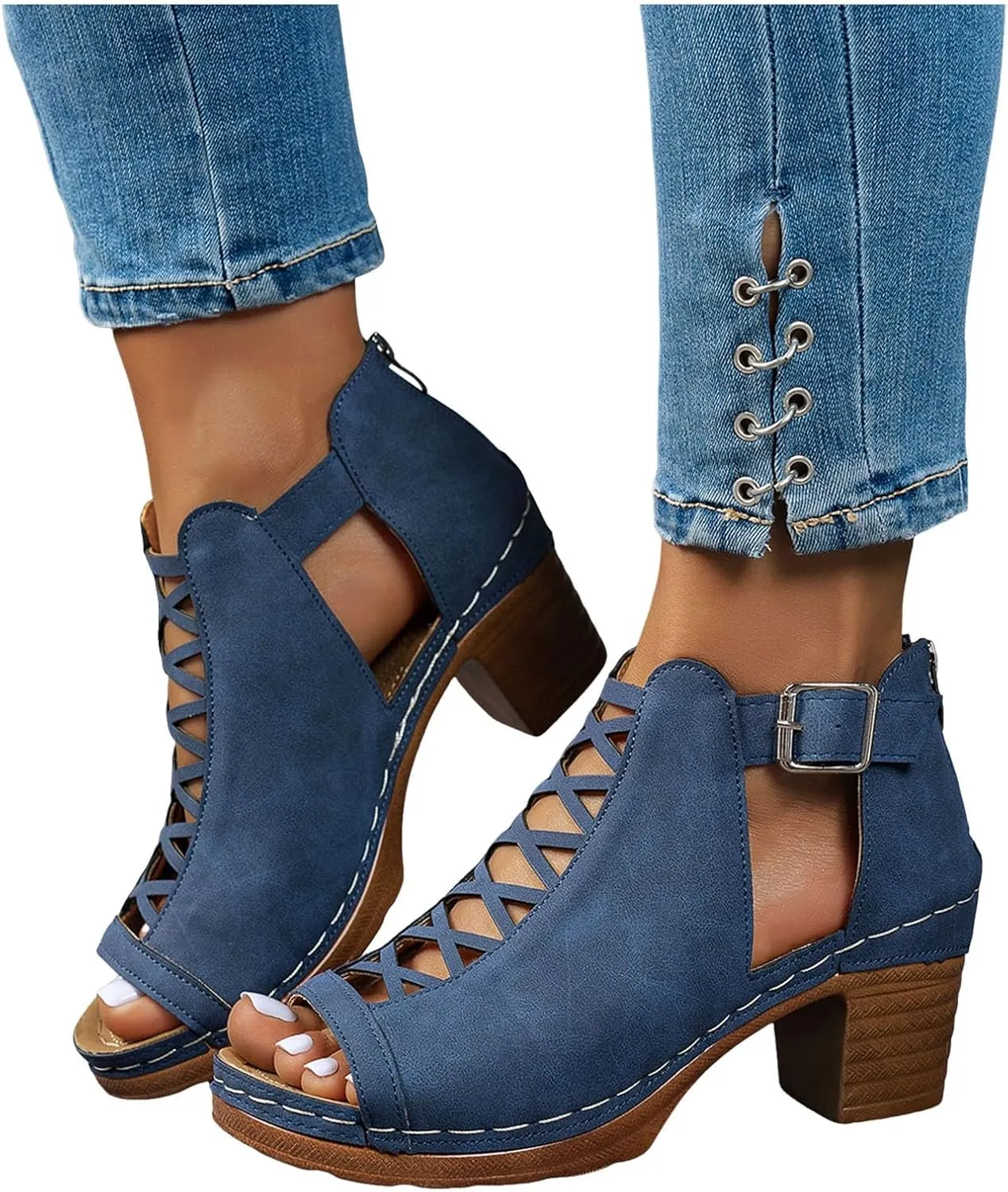 ZSpzx Block Heels Sandals for Women 2025 Peep Toe Lace Up Sandal Adjustable Strappy Chunky Heel Slingback Hollow Out Comfortable Cushion Footbed Recovery Orthopedic Casual Shoes for Outdoor Indoor