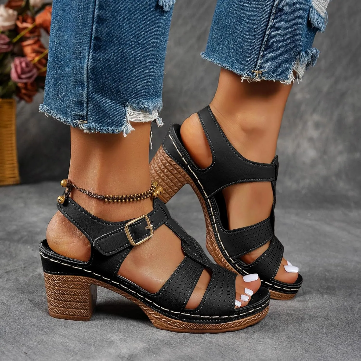 ZSpzx Chunky Heels Sandals for Women 2025 Peep Toe T-strap Strappy Cutout Block Sandal Ladies Cushion Footbed Recovery Orthopedic Casual Slingback Comfortable Shoes for Daily Wear Outdoor Indoor