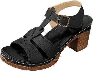 ZSpzx Chunky Heels Sandals for Women 2025 Peep Toe T-strap Strappy Cutout Block Sandal Ladies Cushion Footbed Recovery Orthopedic Casual Slingback Comfortable Shoes for Daily Wear Outdoor Indoor