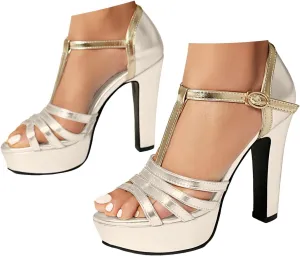 ZSpzx Women's Kitten Heels Sandals with Arch Support Slip On Peep Toe T-Strap Adjustable Strappy Sparkly Mid Heel Platform Sandal Orthopedic Dressy Bridal Shoes for Evening Cocktail Party Wedding